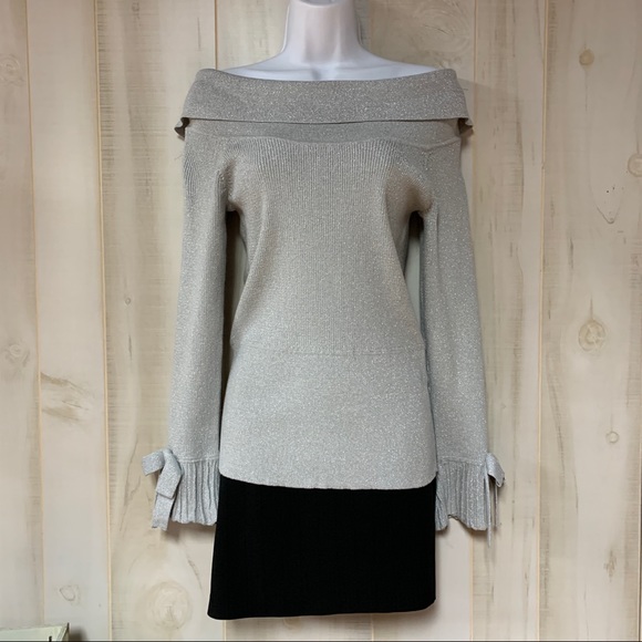 7th Avenue Silver Metallic Off Shoulder Sweater M - Picture 3 of 8